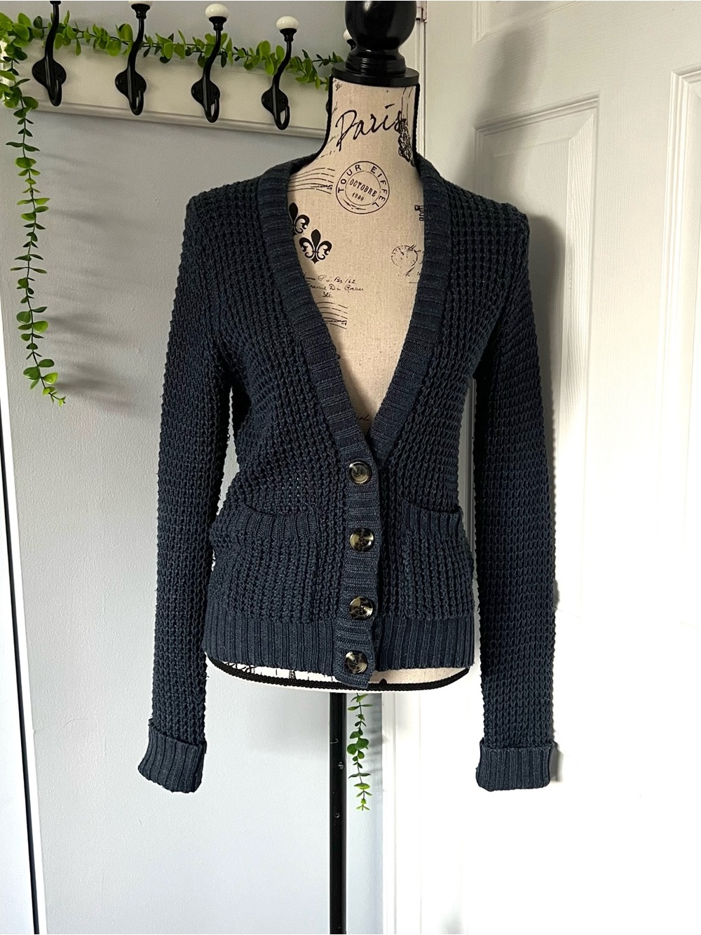 Bluenotes Navy Textured Knit Button Long Sleeve Cardigan